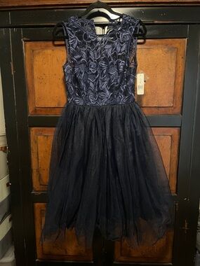 Donna Morgan Navy Floral Appliqué Tulle Dress
